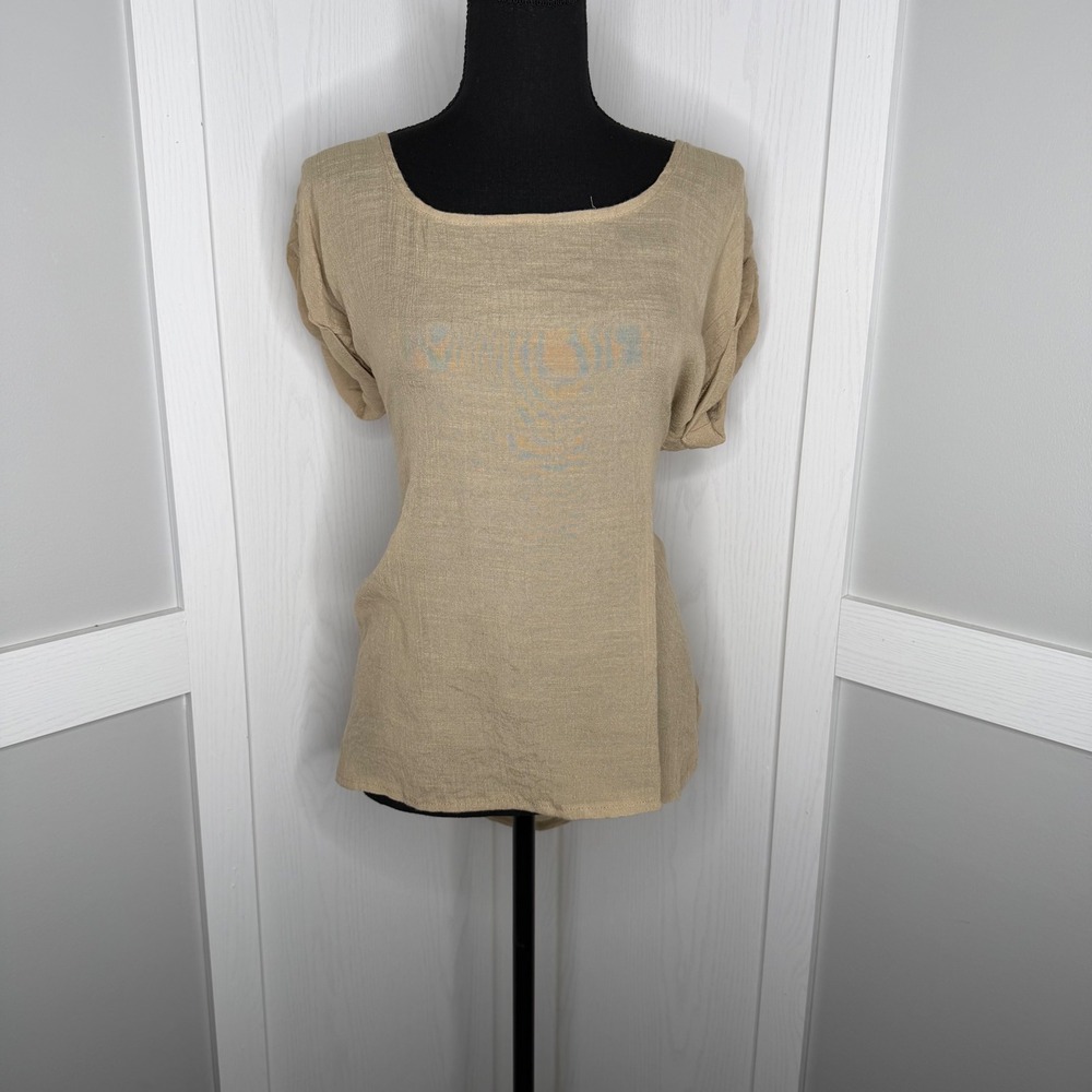 Maria Gabrielle Blouse Women Size L Tan Relaxed Fit Short Sleeve Back Zip Top